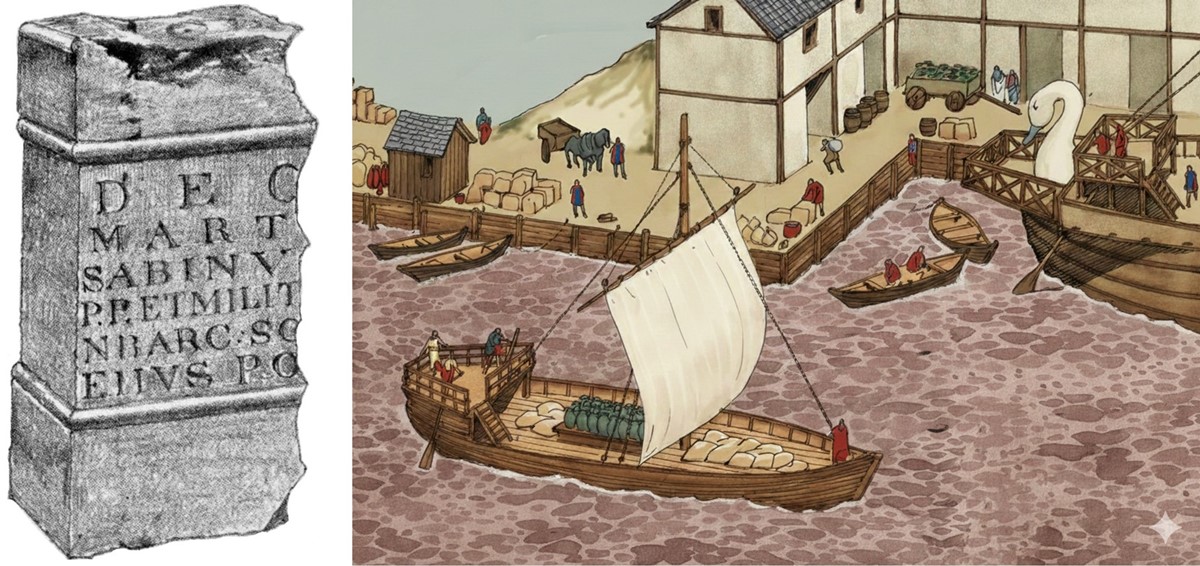 drawings of stone altar with latin inscription, and a river dock with timber buildings and several boats.